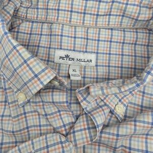 Peter Millar Shirt Mens XL Orange Blue Plaid Long Sleeve Button Up Cotton Blend